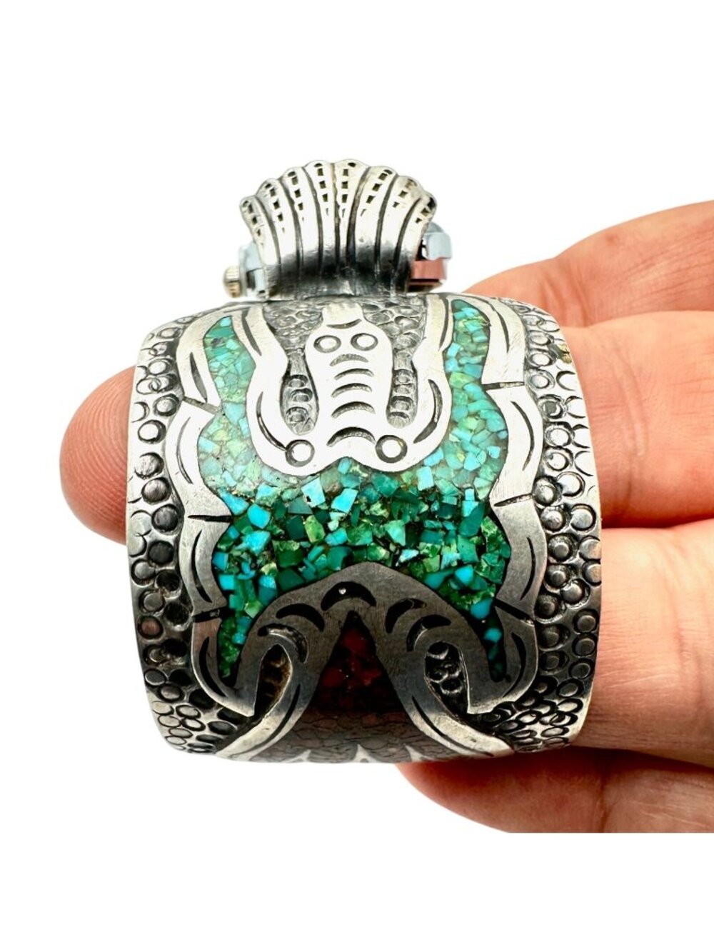 Vintage Native American Peyote Bird Turquoise Coral Bracelet Sterling Silver